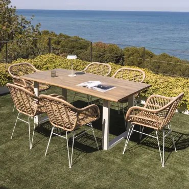 Conjunto De Mesa Retangular 180x90 Cm Em Madeira De Acácia E Aço Maupi E 6 Cadeiras De Jardim Em Rattan Sintético Zole Gardénia - Sklum