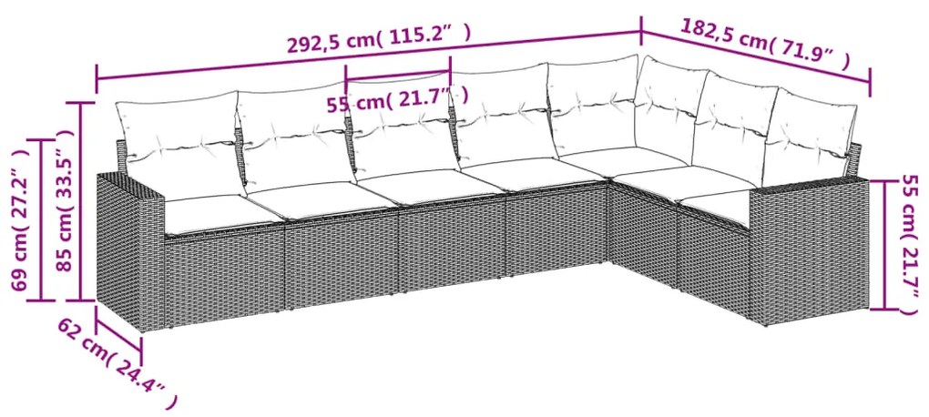 7 pcs conjunto de sofás p/ jardim com almofadões vime PE bege