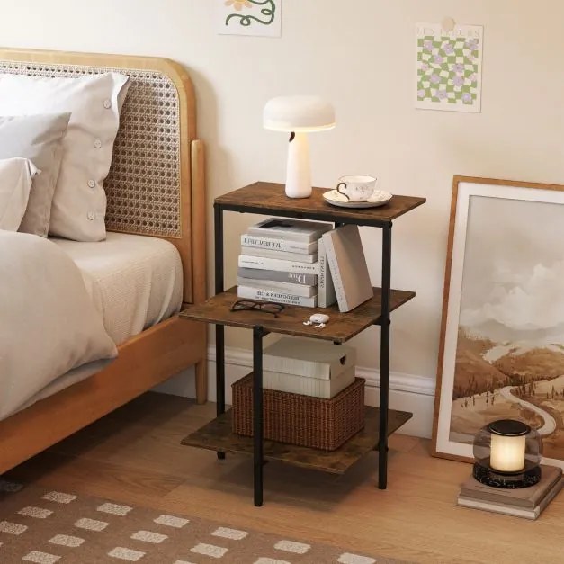 Mesa apoio industrial de 3 prateleiras, quadrada, com prateleiras abertas e estrutura metálica, para sala, quarto e espaços pequenos, em castanho rúst