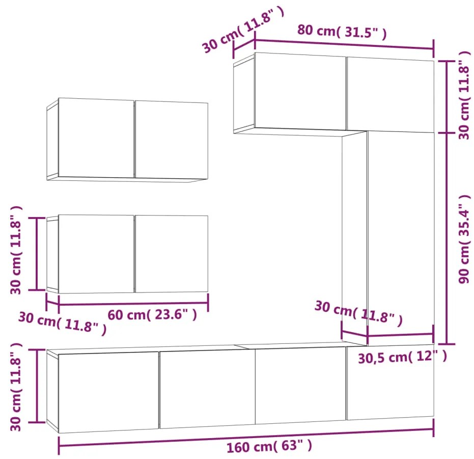 Conjunto móveis de TV 6 pcs madeira processada sonoma cinza
