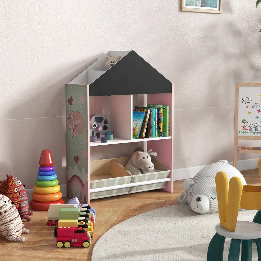 Estante para Brinquedos Organizador Infantil com Prateleiras Abertas e 2 Caixas de Tecido não Tecido Amovíveis 62,4x26,5x90 cm Rosa