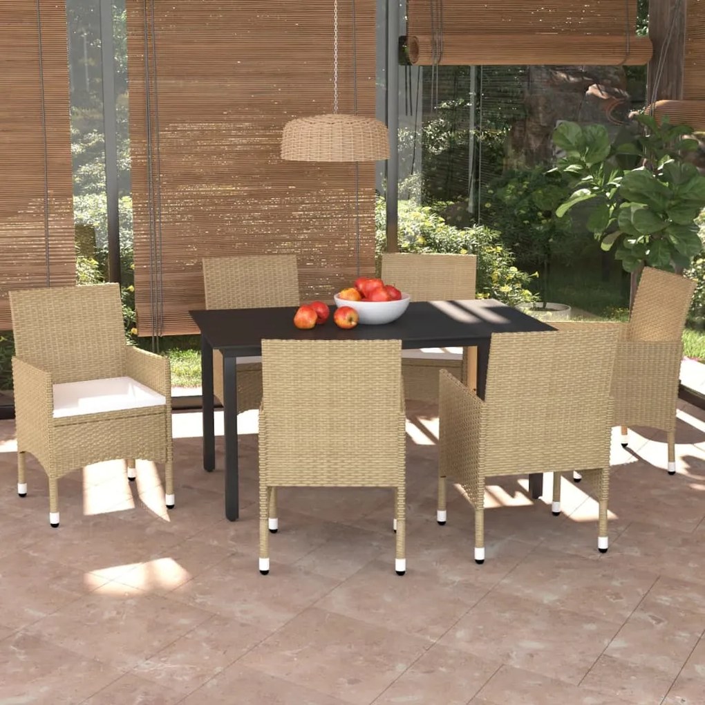 vidaXL 7 pcs conjunto jantar p/ jardim c/ almofadões vime PE bege