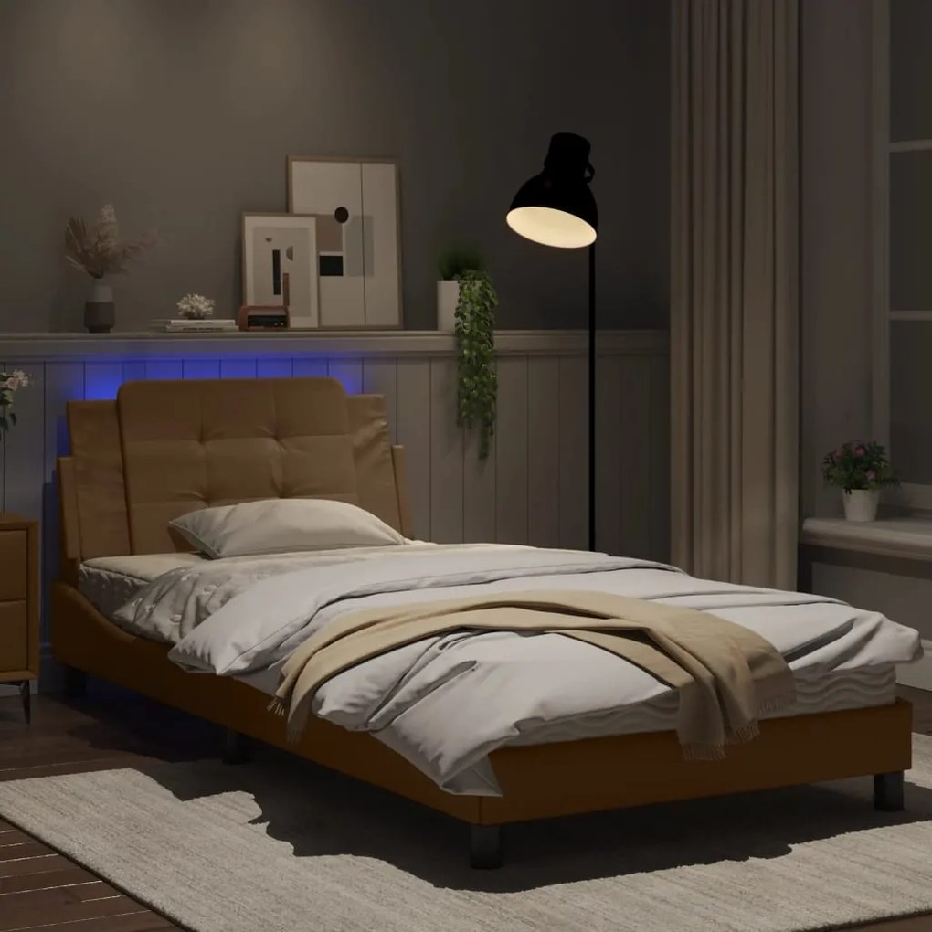 Estrutura cama c/ luzes LED 100x200 cm couro artif. cappuccino