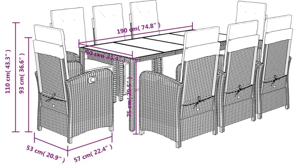 9 pcs conjunto de jantar p/ jardim c/ almofadões vime PE cinza
