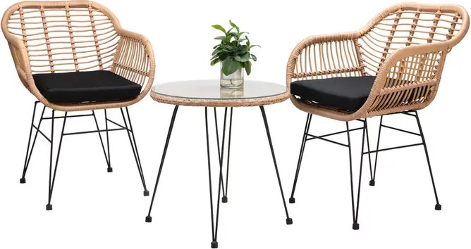 Conjunto de jardim em polyrattan com 3 peças Bali natural/preto