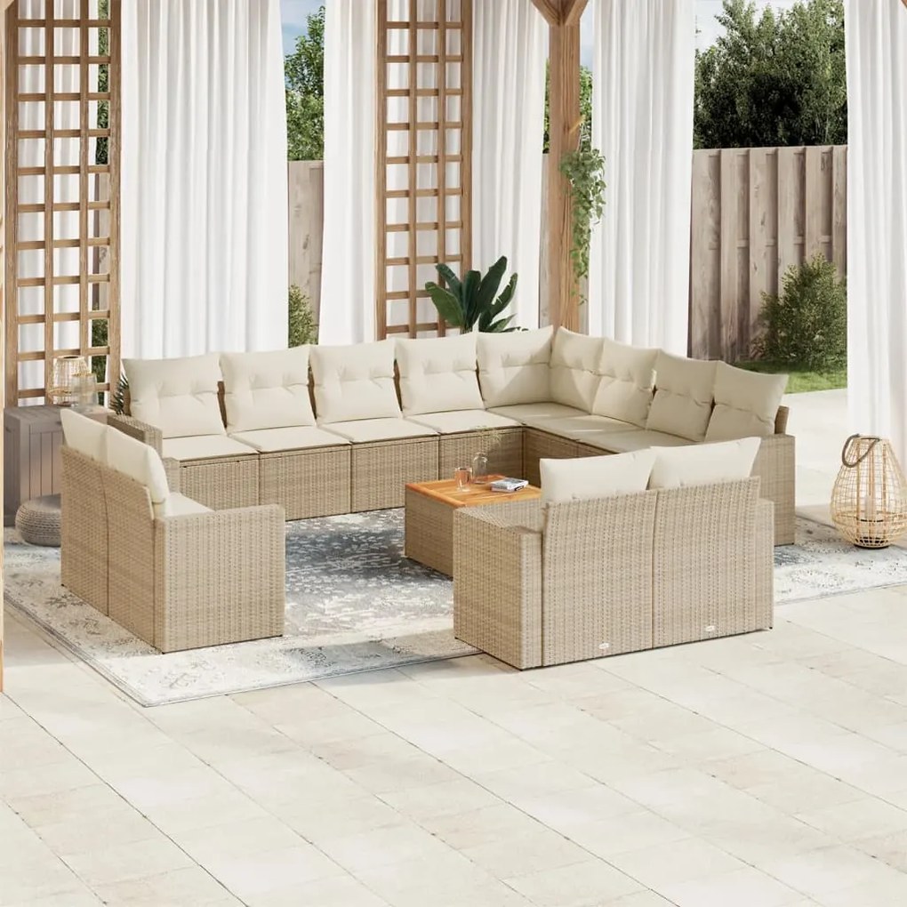 13 pcs conjunto de sofás p/ jardim com almofadões vime PE bege