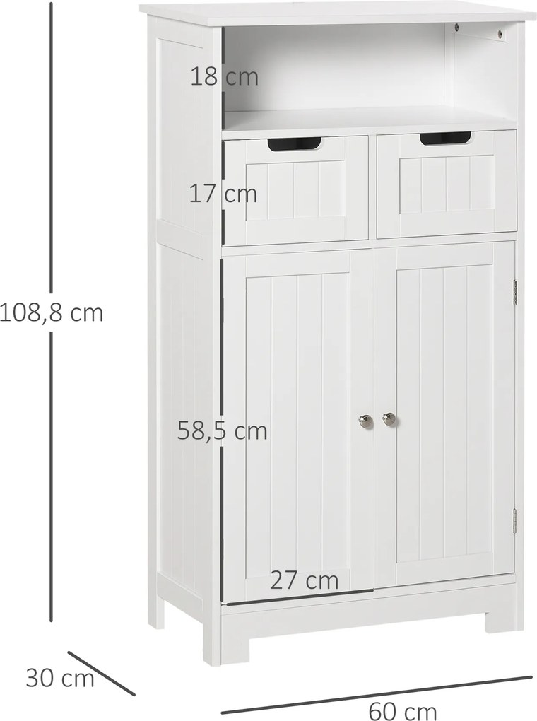 Armário de Casa de Banho com 2 Portas Prateleira Ajustável 2 Gavetas e Compartimento Aberto Móvel Auxiliar de Armazenamento para Sala de Estar Cozinha