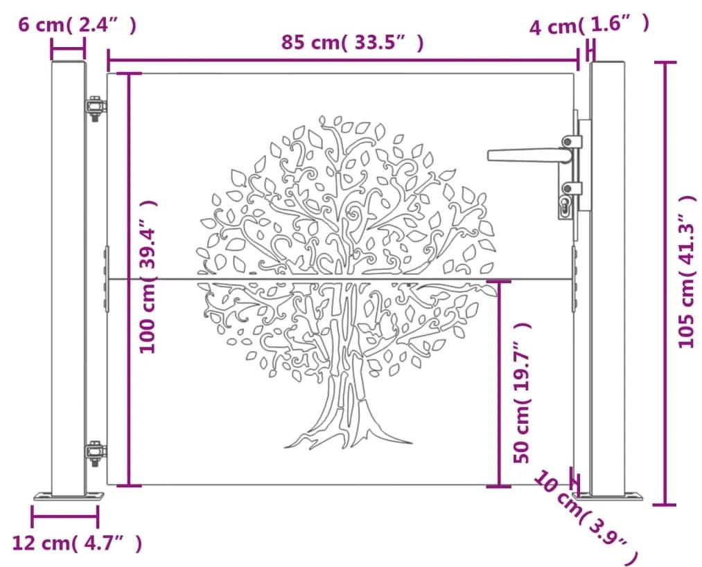 Portão de jardim 105x105 cm aço corten design árvore