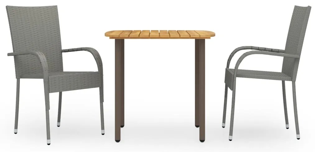 3 pcs conjunto de jantar para jardim vime PE cinzento