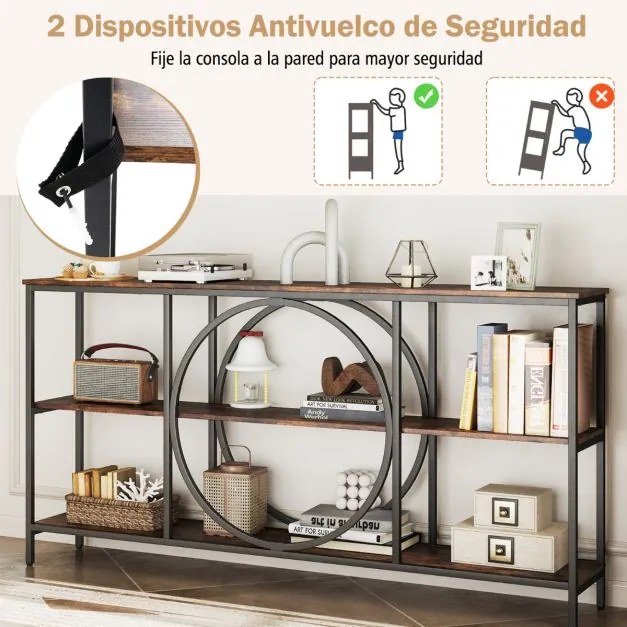 Mesa consola de 3 níveis com imitação de madeira com estrutura metálica 180 x 30 x 90 cm Castanho rústico + preto