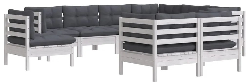 9 pcs conj. lounge de jardim c/ almofadões pinho maciço branco