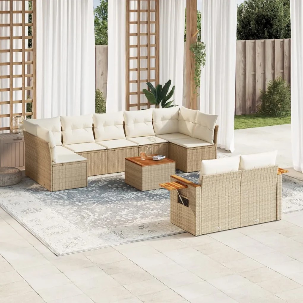 10 pcs conjunto de sofás p/ jardim com almofadões vime PE bege