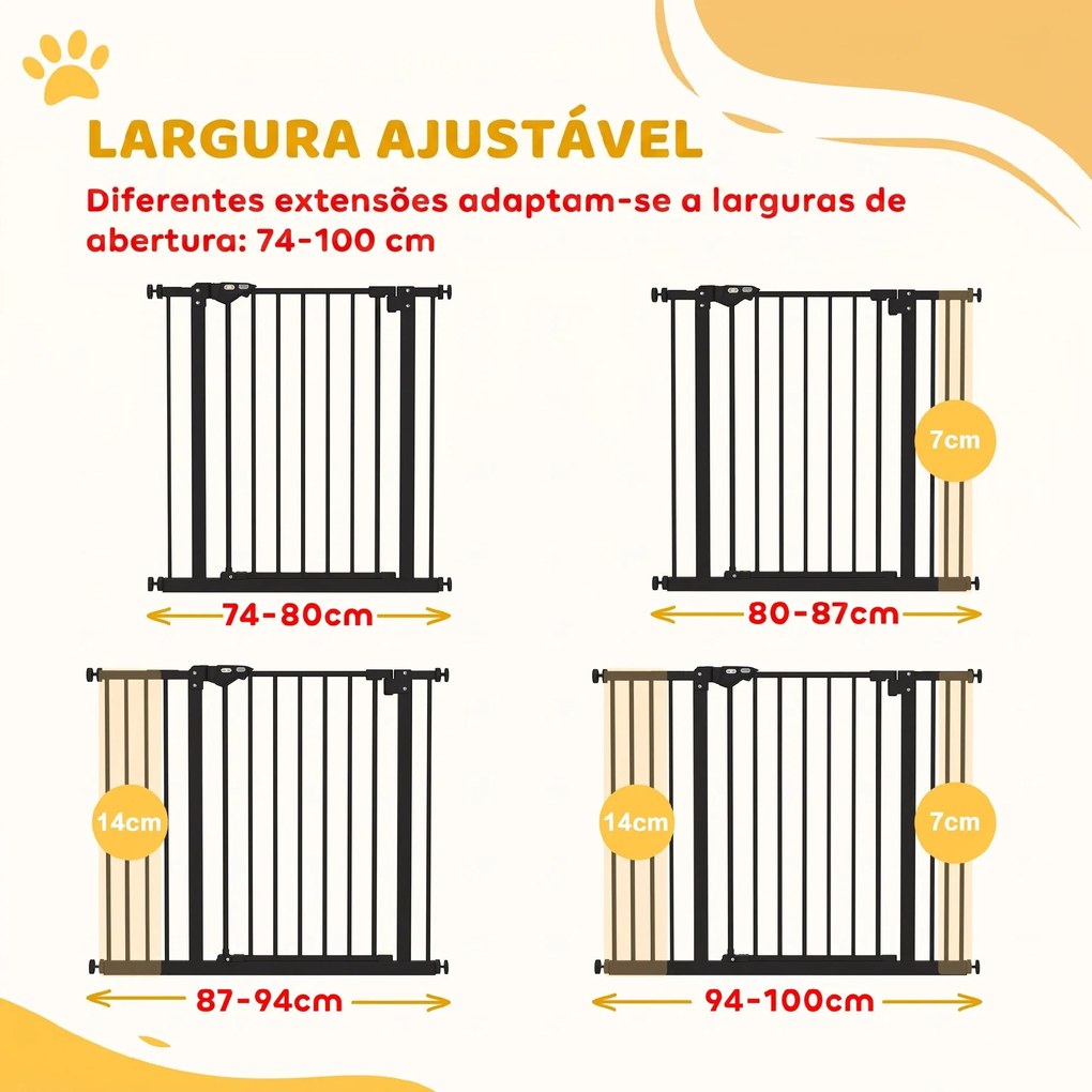 Barreira de Segurança para Cães 74-100 cm com Extensões, Montagem por Pressão e Duplo Bloqueio, Preto