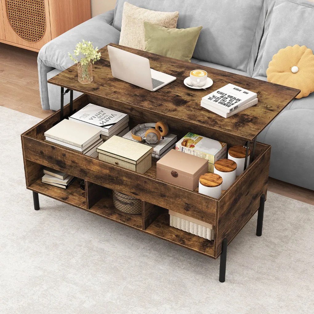 Mesa de centro 100 x 50 x 45 cm elevável com tampo ajustável, amplo compartimento oculto e 3 espaços abertos, com pés em metal Café