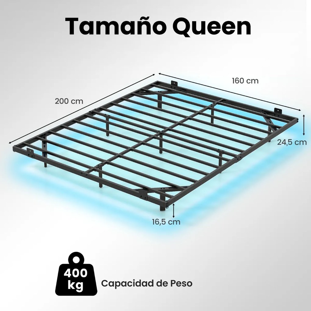 Estrutura de cama flutuante com luzes LED 200 x 160 x 24,5 cm de metal para colchão (COLCHÃO NÃO INCLUIDO) Base de ripas Somier preto