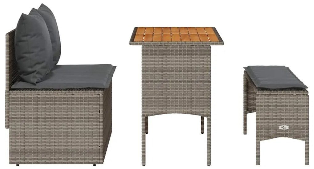 3 pcs conjunto de jantar p/ jardim c/ almofadões vime PE cinza