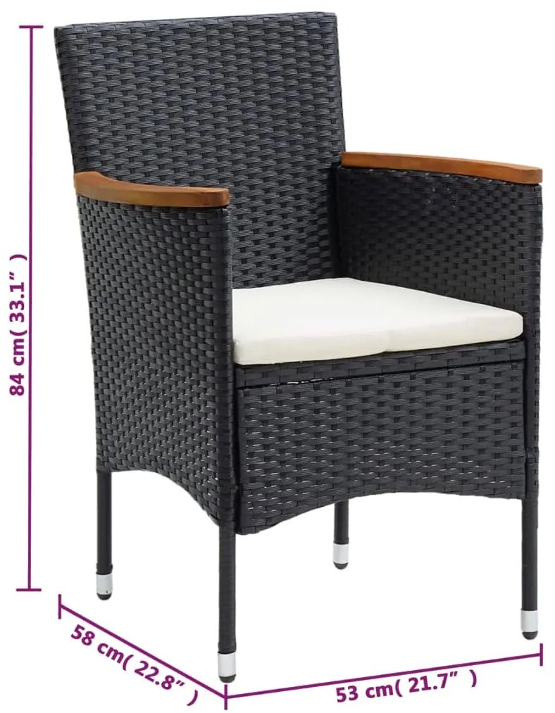 3 pcs conjunto de jantar p/ jardim c/ almofadões vime PE preto