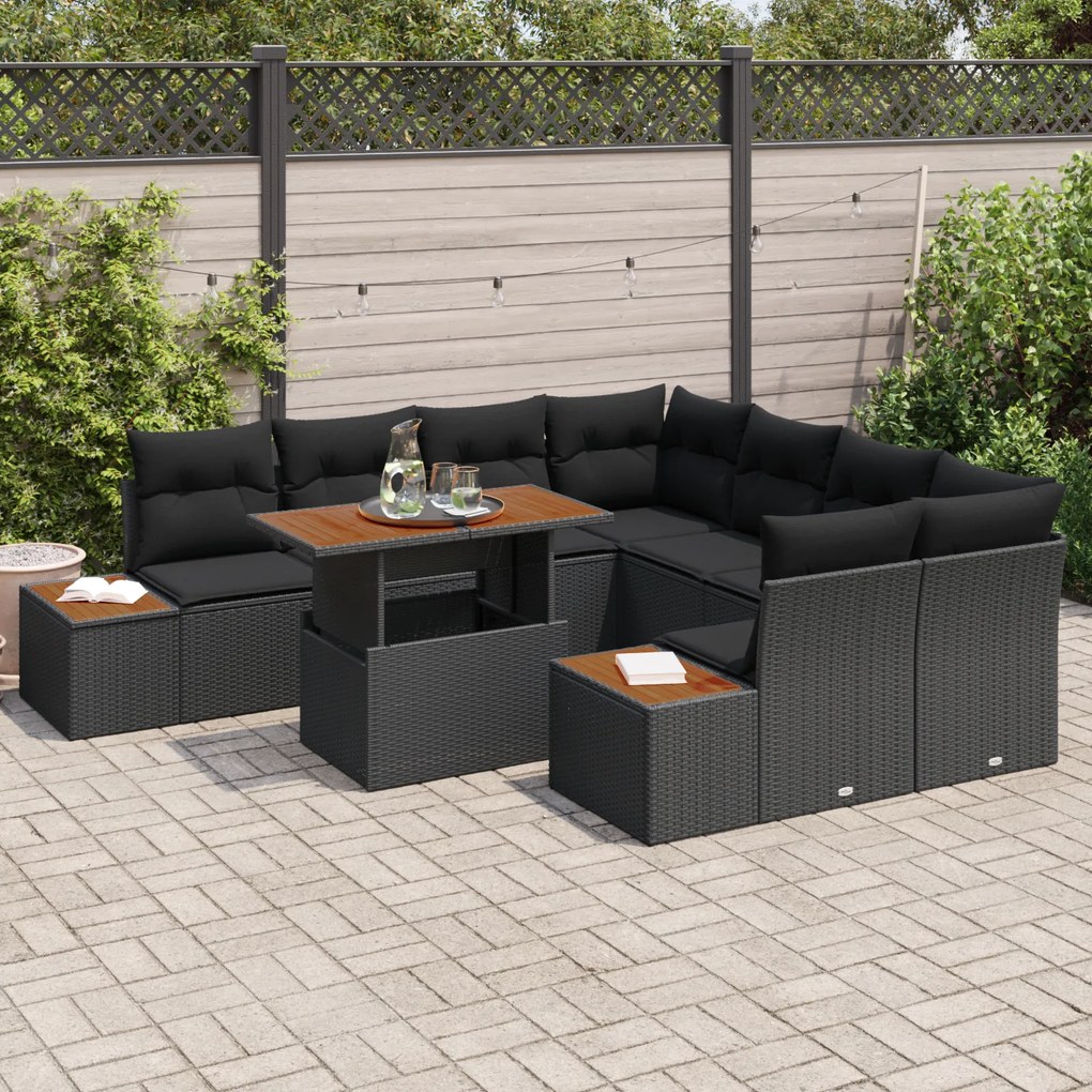 Conjunto de Sofás de Jardim vidaXL de 9 Peças com Almofadas Preto Poli