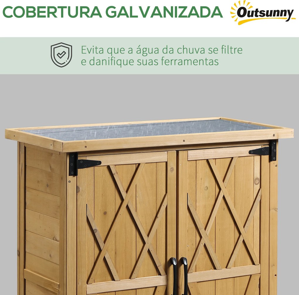 Abrigo de Jardim em Madeira, 75x40x90 cm Armazenamento de Ferramentas, com 4 Prateleiras 2 Portas e Telhado de Aço Galvanizado Madeira