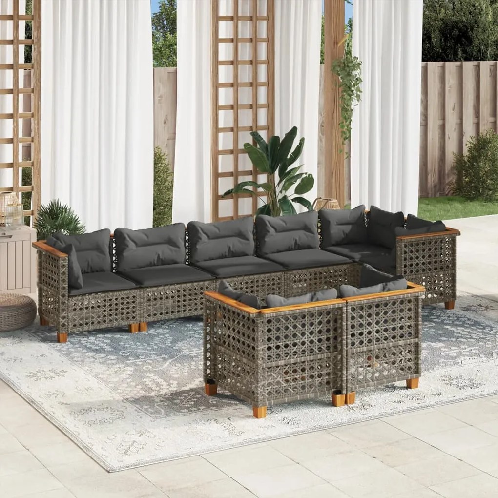 8 pcs conjunto sofás de jardim c/ almofadões vime PE cinzento