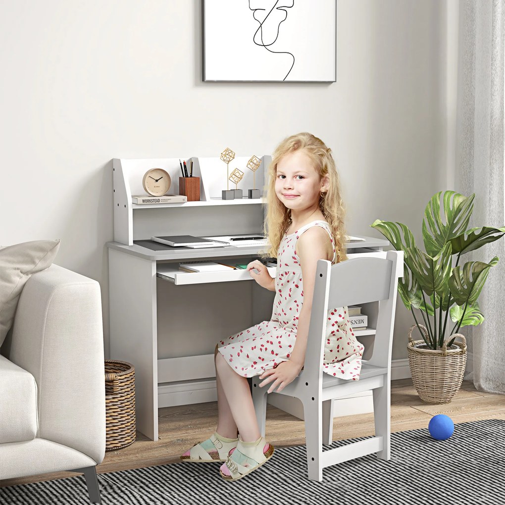 Conjunto de Secretária Infantil e Cadeira Ergonómica, 90 x 45 x 90 cm, Espaços de Arrumação, Cinzento
