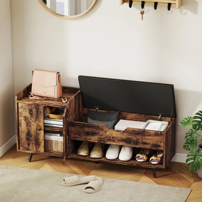 Banco Sapateira com Assento Acolchoado Compartimento Oculto para 3 Pares de Sapatos 127x35x59 cm Castanho Rústico