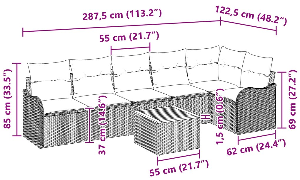 Conjunto de Sofá Jardim 7 Peças com Almofadas Preto Vime PE Acácia