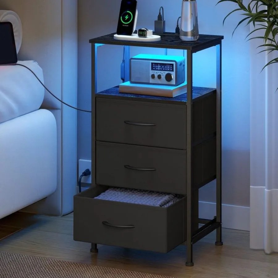 Mesa de cabeceira com tomada LED, 39,6 x 30 x 75,9 cm, 3 gavetas tecido Preta