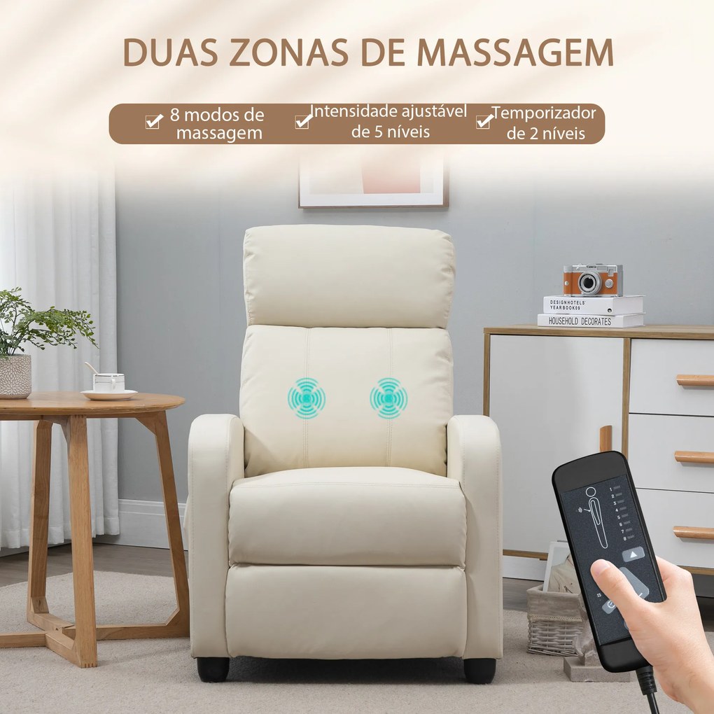 Poltrona de Massagem Relax Reinclinável com Controle Remoto 2 Zonas de Massagem 68x88x98 cm Creme