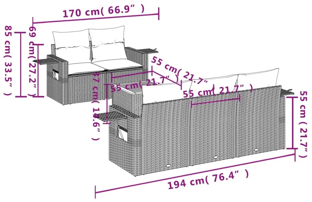 6 pcs conjunto sofás de jardim c/ almofadões vime PE preto