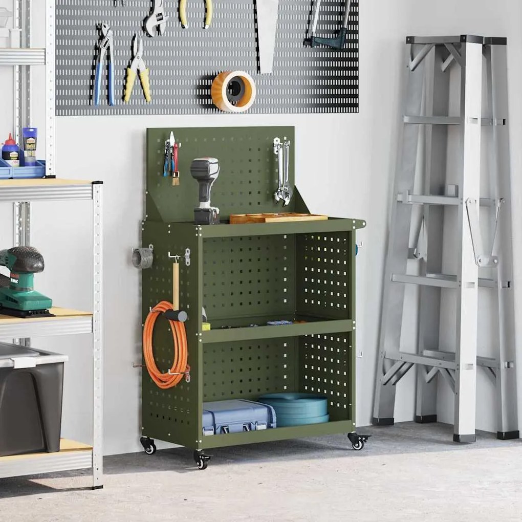 vidaXL Carro de Ferramentas com roda Verde-oliva 65 x 35 x 111 cm