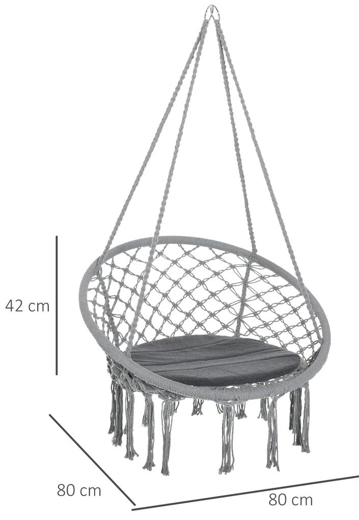 Cadeira suspensa redonda Ø60 cm Cadeira de rede de balanço com almofada e corda de algodão para interior e exterior 80x80x42 cm Cinza
