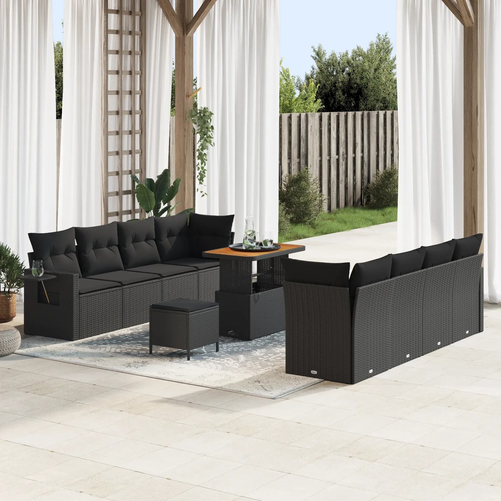 Conjunto de Sofá de Jardim com 11 Peças com Almofadas Preto de Rattan