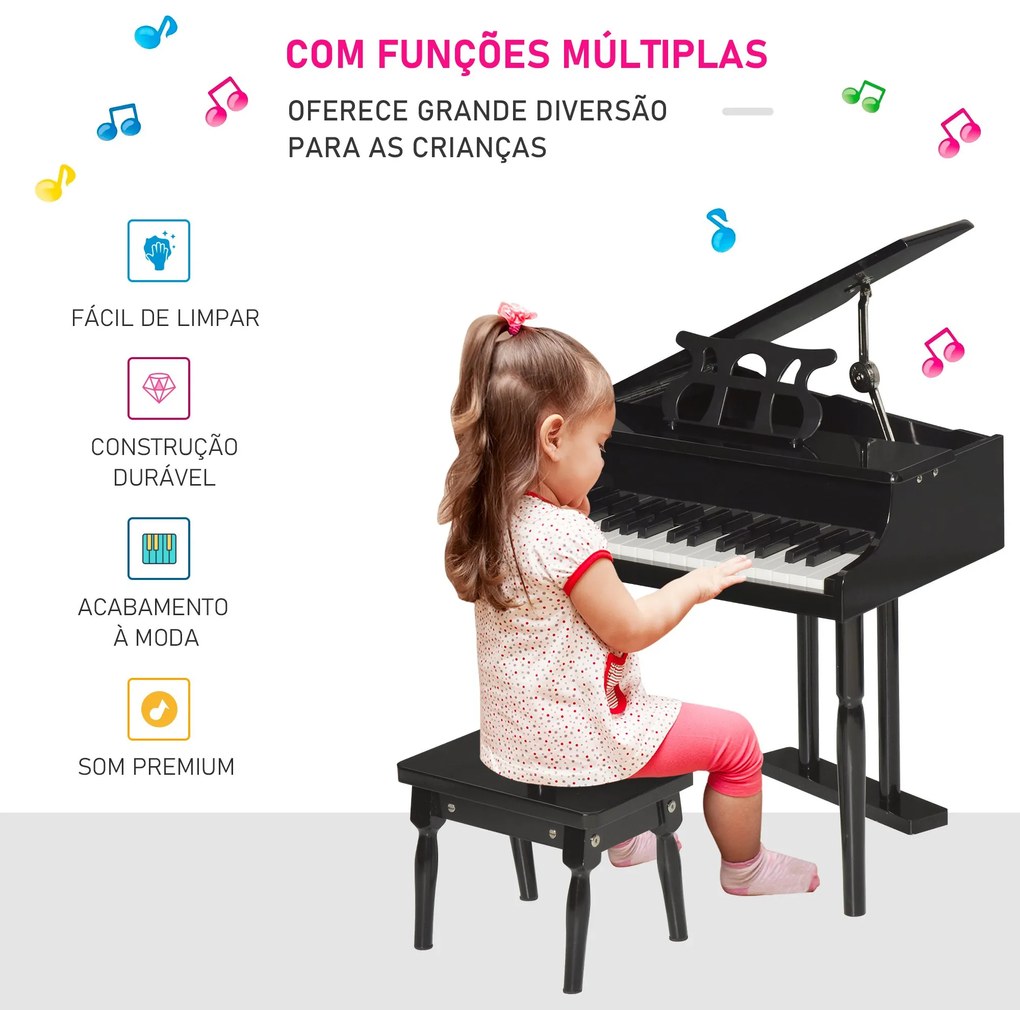 Mini piano infantil com banco 30 teclas com suporte para partitura 52x50x49 cm preto