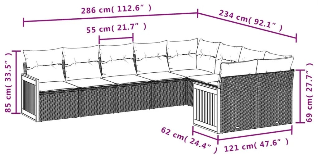 9 pcs conjunto de sofás p/ jardim c/ almofadões vime PE preto