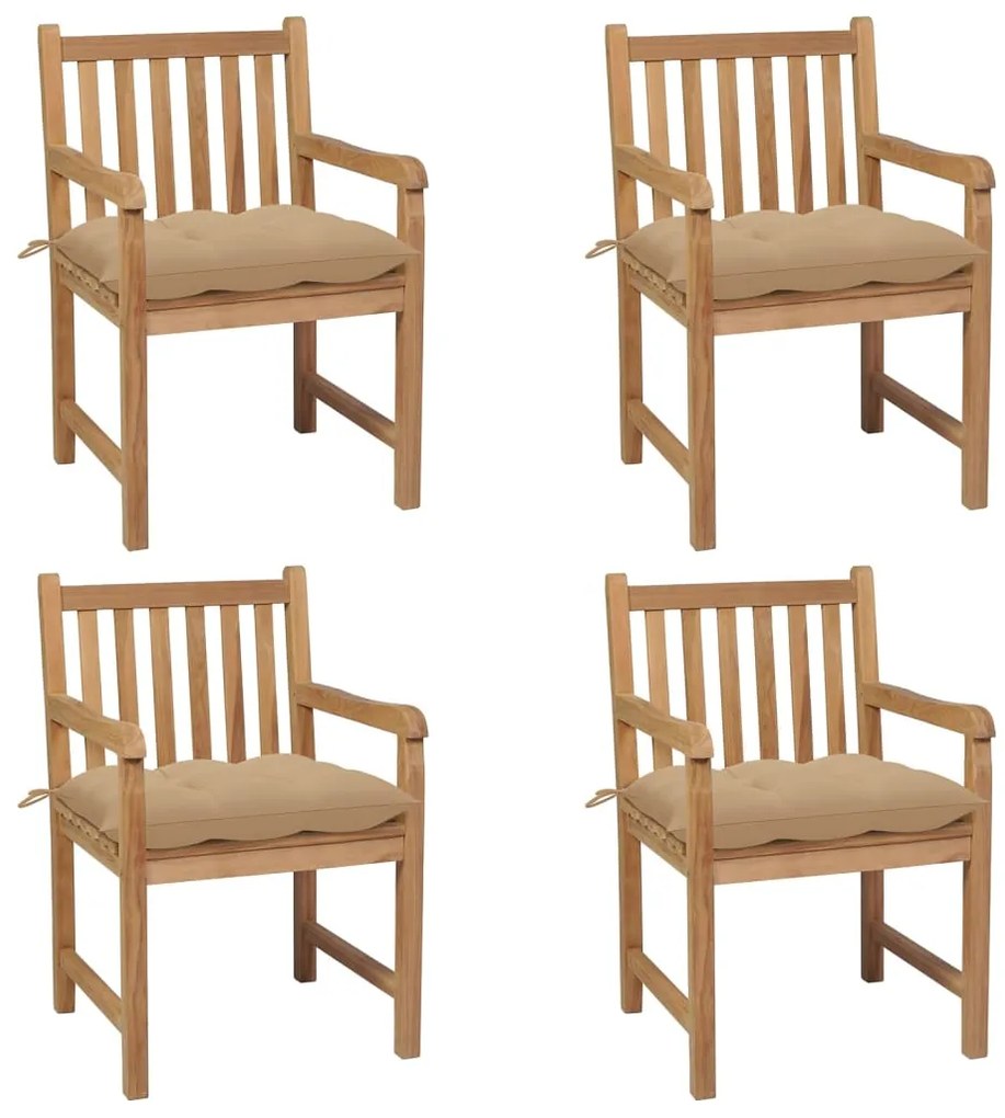 vidaXL Cadeiras de jardim c/ almofadões bege 4 pcs teca maciça