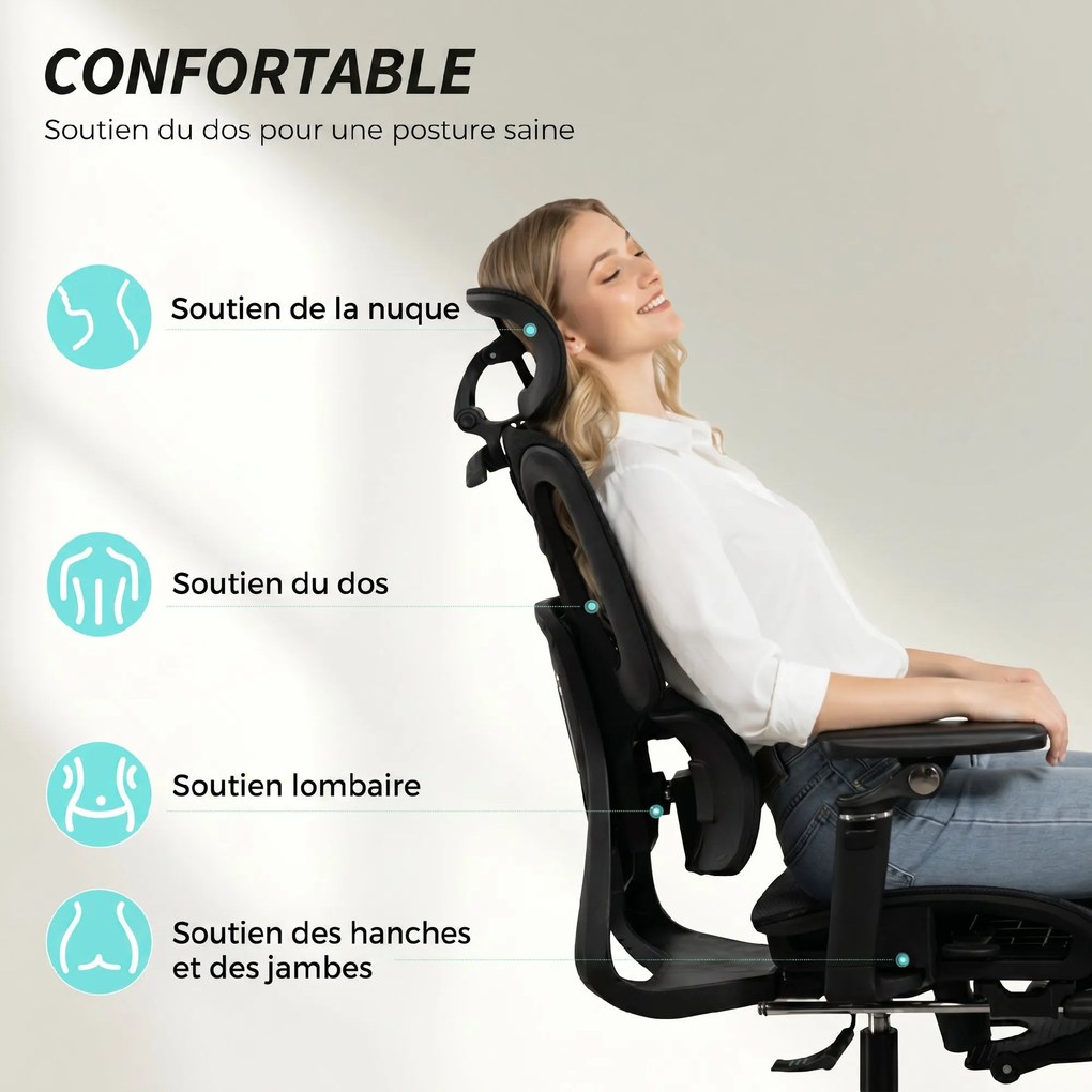 Cadeira de escritório ergonómica com braços 6D, encosto para a cabeça e profundidade do assento ajustáveis, 67 x 71 x 133 cm, preta