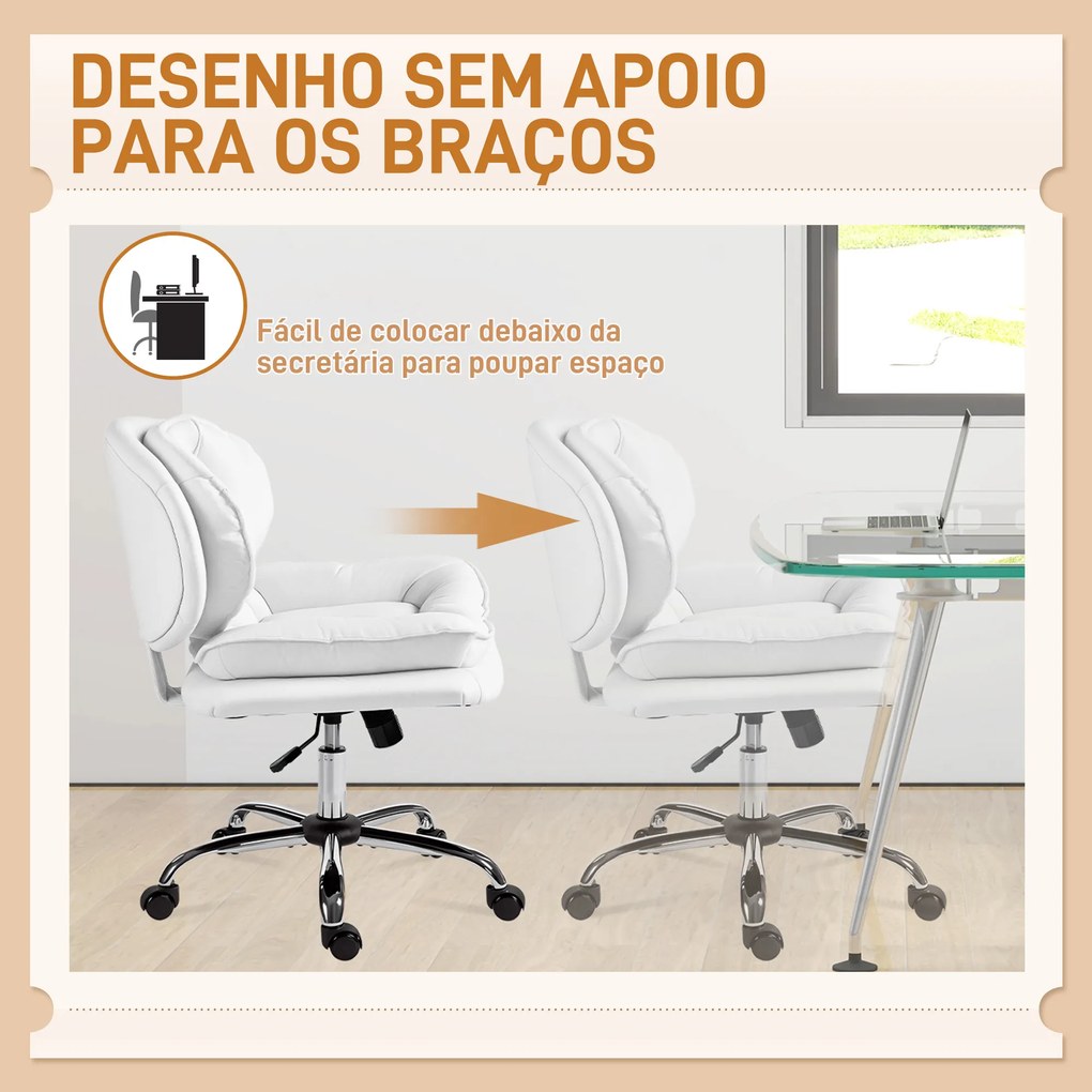 Cadeira de Escritório com Rodas Cadeira para Secretária com Função Baloiço Assento Amplo Sem Braços 60x65x83-93 cm Branco