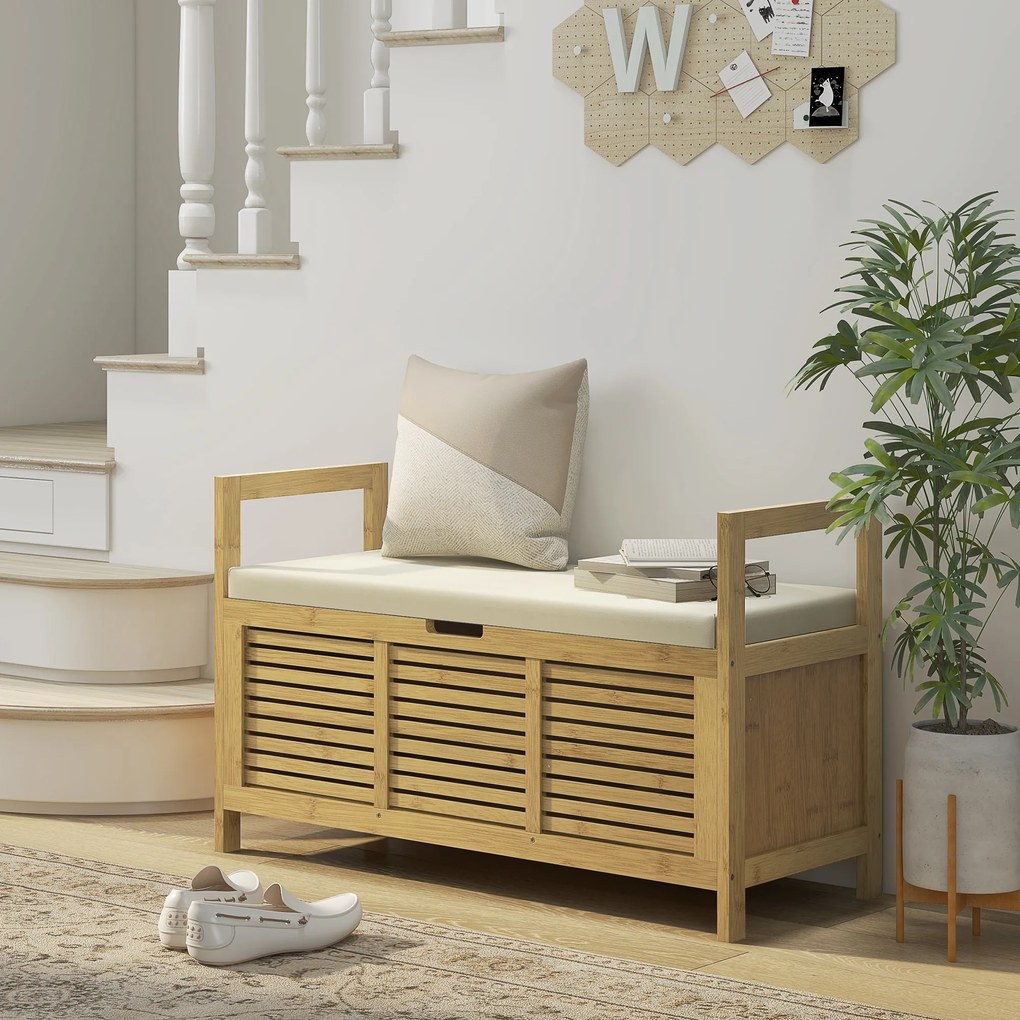 Banco com espaço de arrumação 100 x 40 x 60 cm e compartimento oculto sob o assento, com almofada e apoio de braço, cor natural