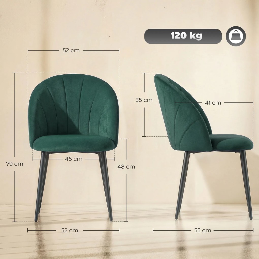 Conjunto de 2 Cadeiras de Jantar em Forma de Concha, 52 x 55 x 79 cm, Estofadas em Veludo, Verde-escuro
