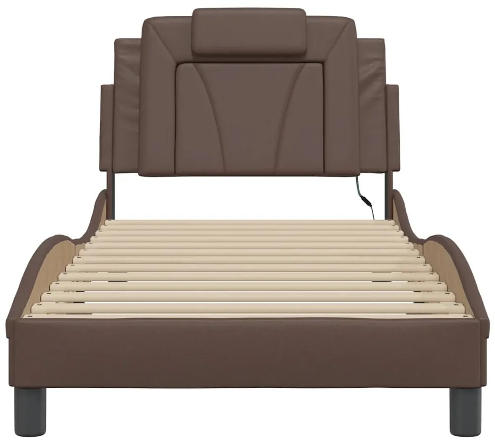 Estrutura cama c/ luzes LED 90x200 cm couro artificial castanho