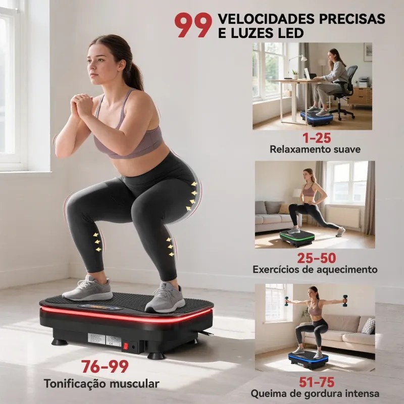 Plataforma Vibratória 99 Velocidades 3 Programas com Bluetooth Ecrã LED Luzes e Bandas Elásticas 47x32x12 cm Preto