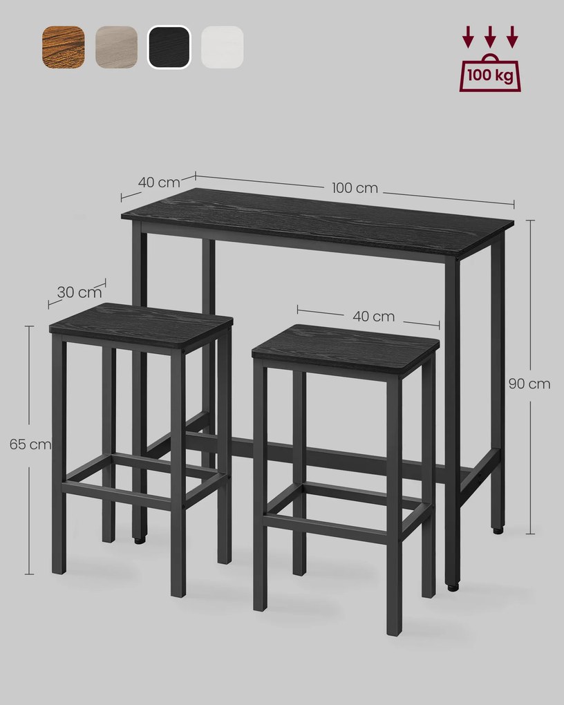 Conjunto de mesa de bar com 2 bancos de bar Preto