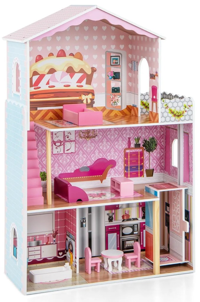 Casa de Bonecas em Madeira Brinquedo para Crianças 3+ Anos com Quartos Simulados Elevador Funcional Papel de Parede Funcional 70 x 30 x 108 cm Rosa