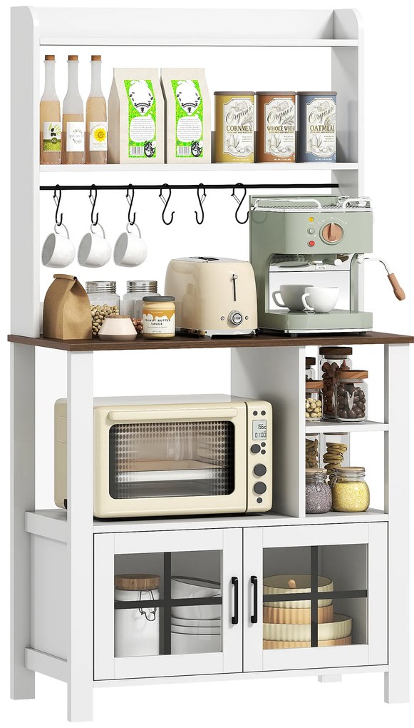 Armário de Cozinha Alto Móvel Auxiliar de Cozinha com 6 Ganchos para Chávenas 2 Portas de Vidro Prateleiras Abertas  80x40x152 cm Branco