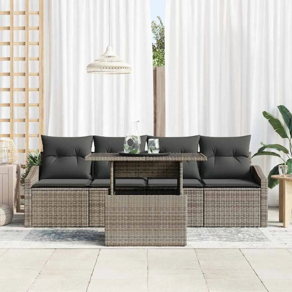 Conjunto de Sofá de Jardim de 5 Peças com Almofadas Cinzas em Rattan S