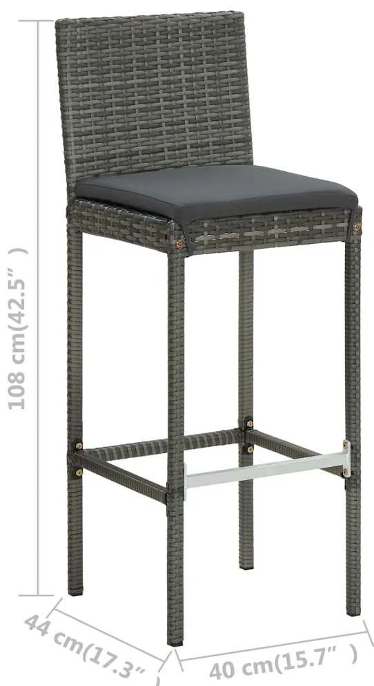 Bancos de bar p/ jardim com almofadões 2 pcs vime PE cinzento