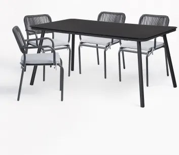 Conjunto De Mesa Retangular 160x90 Cm E 4 Cadeiras De Jantar Empilháveis Em Corda Trançada Arhiza Cinza Grafito - Sklum