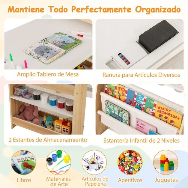 Conjunto de mesa e cadeira para crianças com 2 quadros, rolo de papel, copos para tinta, cavalete e cadeira multifuncional cor natural e branca