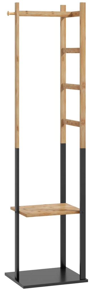 HOMCOM Cabide de Pé de Bambu com 2 Prateleiras 2 Ganchos 5 Barras e Estrutura de Aço 46x28,5x153,5 cm Madeira e Preto | Aosom Portugal